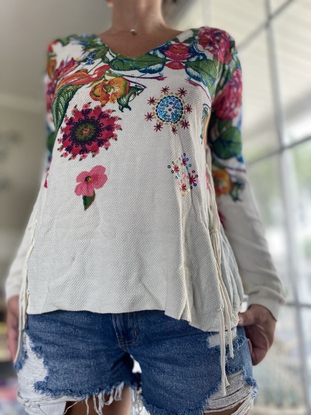 DESIGUAL KNITTED SWEATER FLORAL LOOSE FIT fringes M